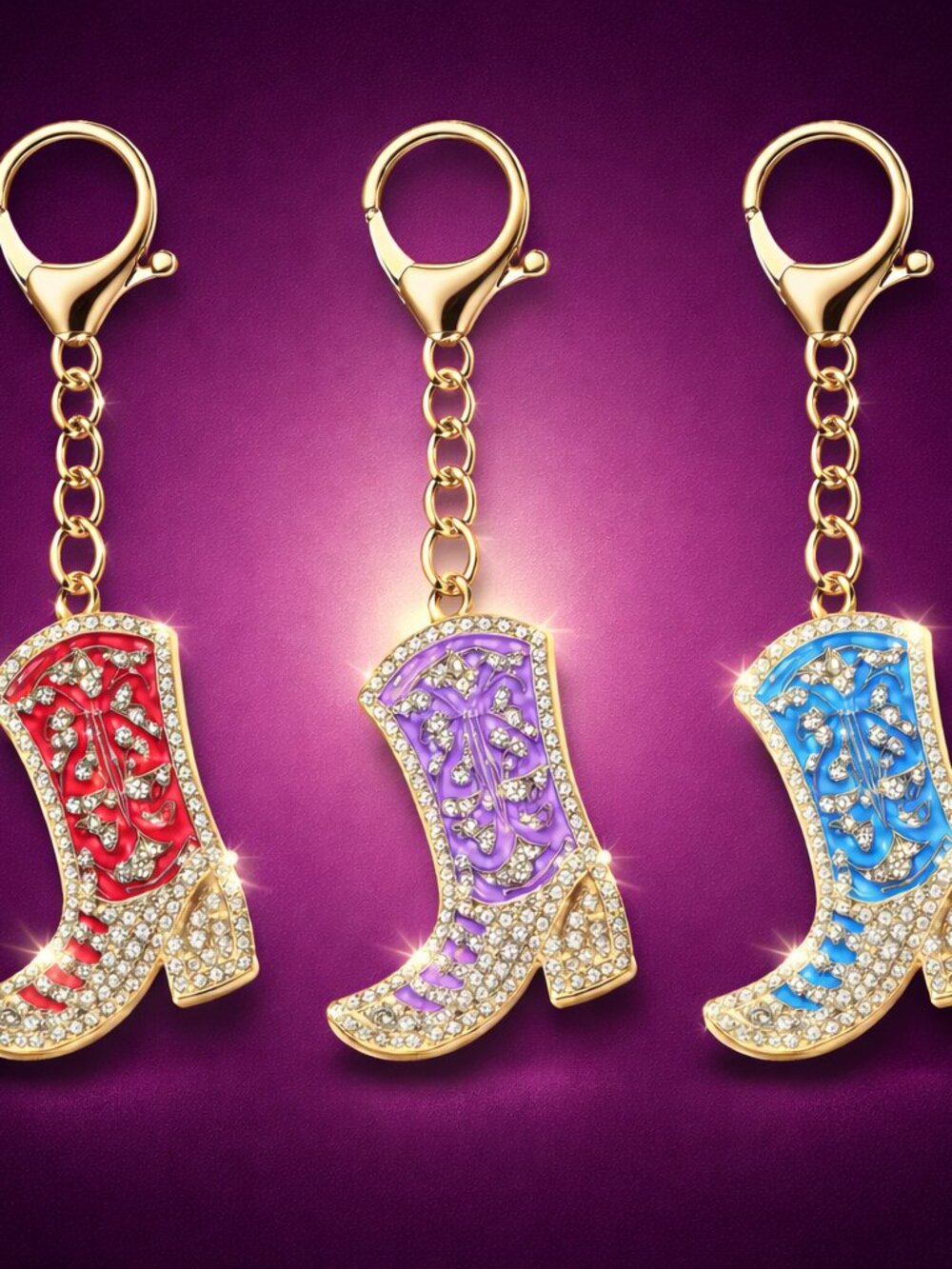 Rhinestone Cowboy Boot Keychain Set of 3 – Western Bling Crystal Bag Charms